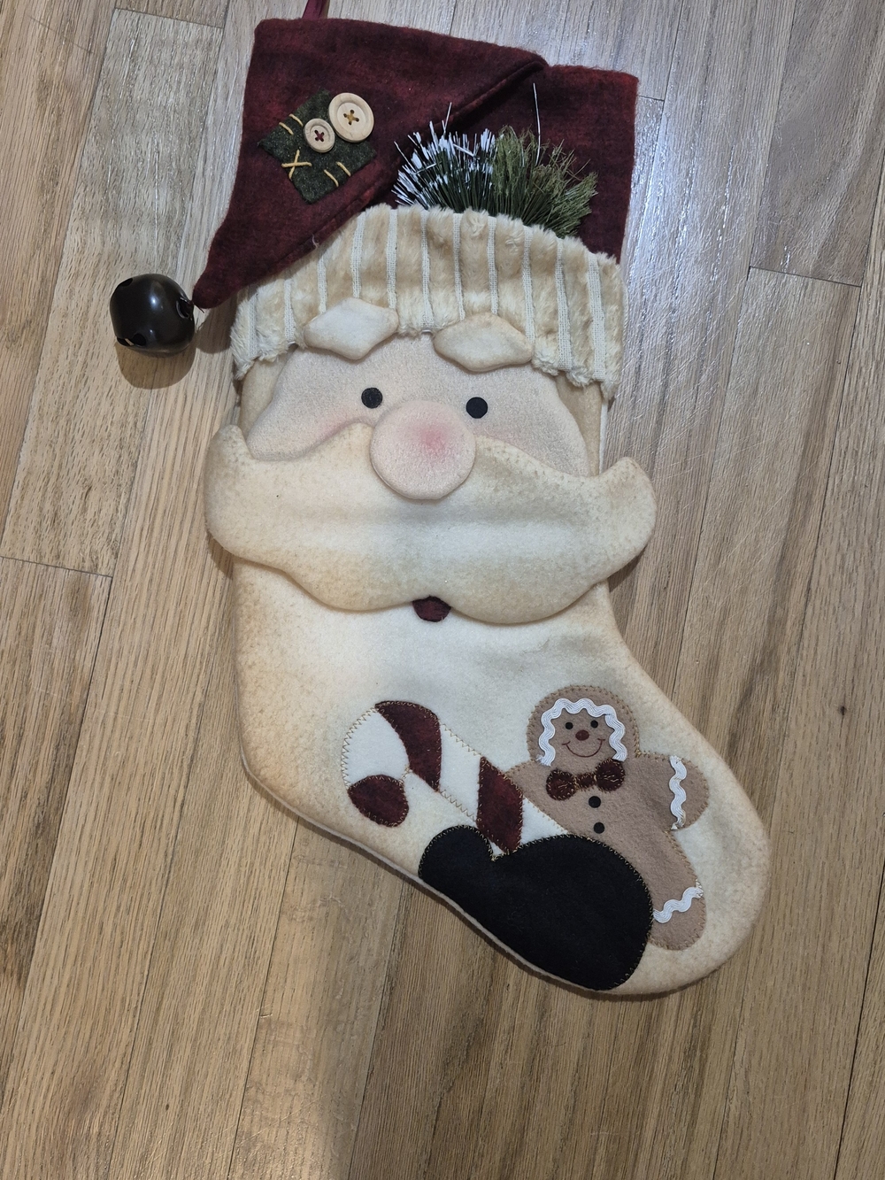 Vintage Style 3D Santa Christmas Stocking Applique Gingerbread Jingle Bell